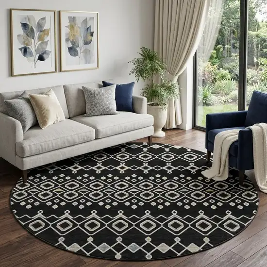 8' Black Ivory And Gold Southwestern Washable Round Rug With UV Protection Photo 1