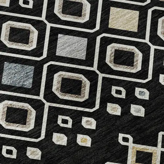 8' Black Ivory And Gold Southwestern Washable Round Rug With UV Protection Photo 8