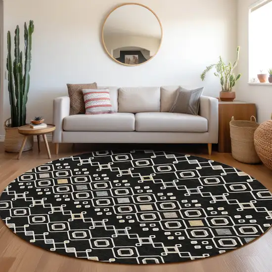 8' Black Ivory And Gold Southwestern Washable Round Rug With UV Protection Photo 4