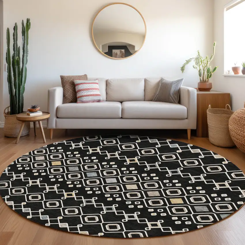 8' Black Ivory And Gold Southwestern Washable Round Rug With UV Protection Photo 4