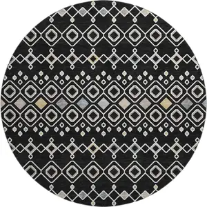 Photo of 8' Black Ivory And Gold Southwestern Washable Round Rug With UV Protection