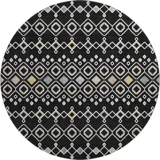 8' Black Ivory And Gold Southwestern Washable Round Rug With UV Protection Photo 1