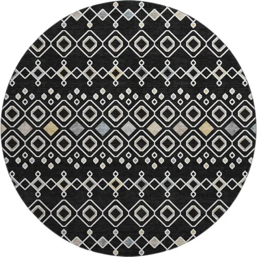 8' Black Ivory And Gold Southwestern Washable Round Rug With UV Protection Photo 1