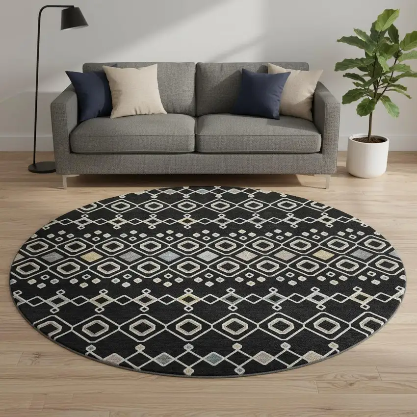 8' Black Ivory And Gold Southwestern Washable Round Rug With UV Protection Photo 2