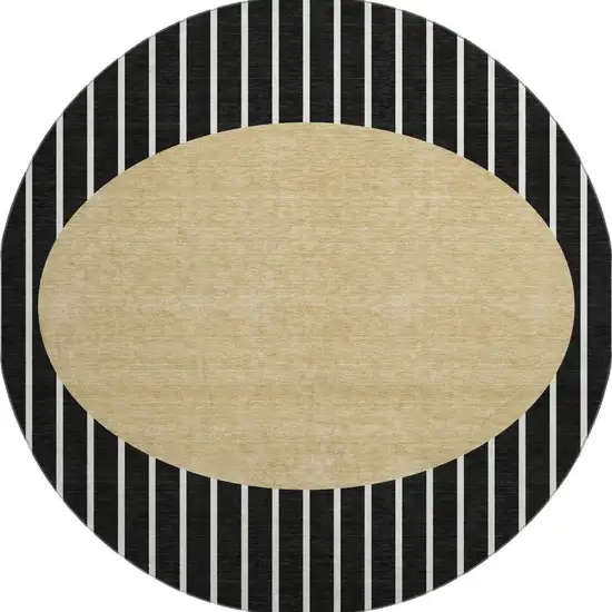 8' Black Ivory And Gold Striped Washable Round Rug With UV Protection Photo 3