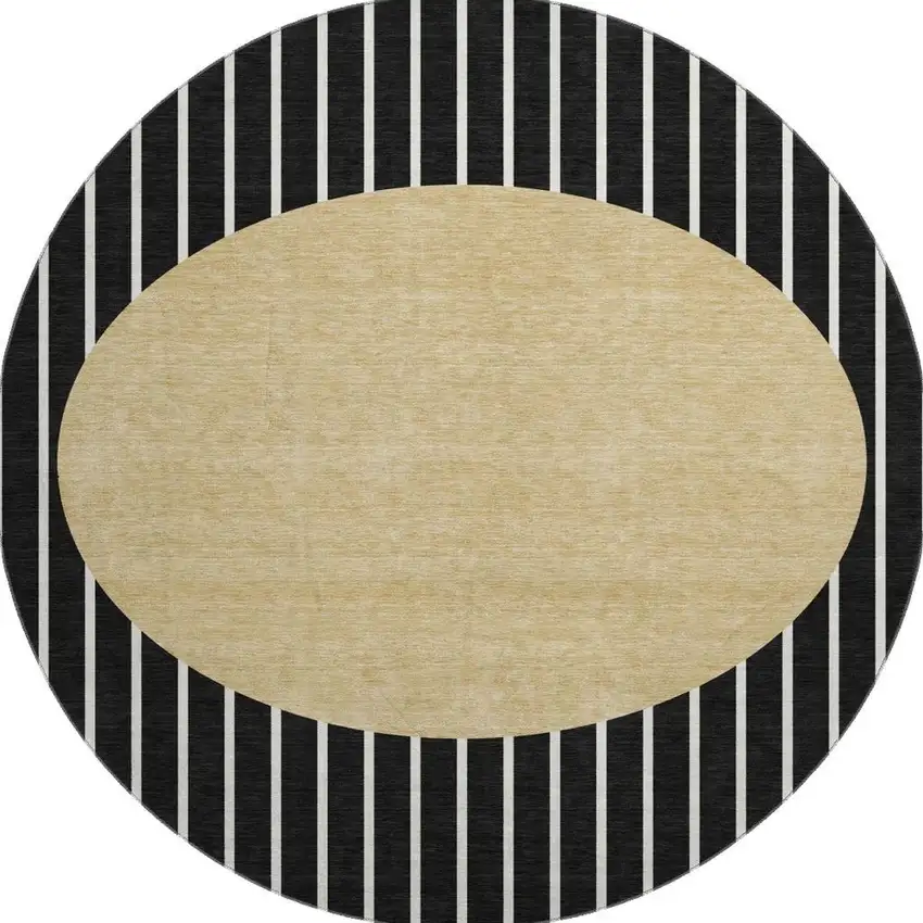 8' Black Ivory And Gold Striped Washable Round Rug With UV Protection Photo 3