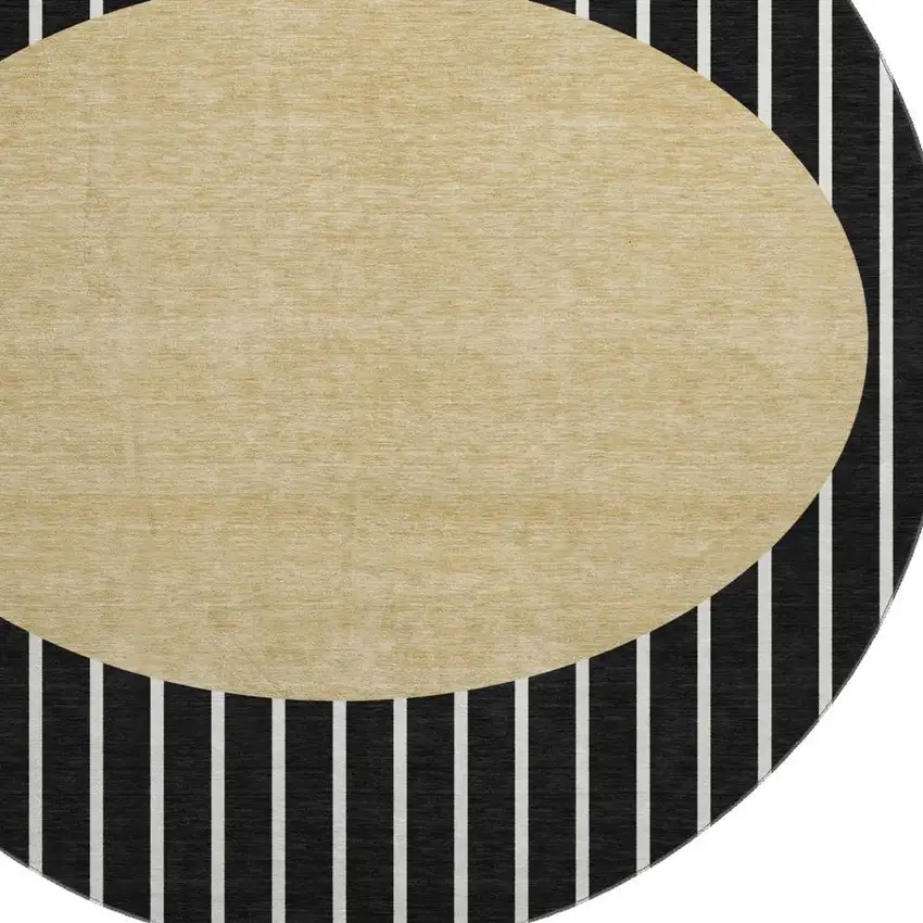 8' Black Ivory And Gold Striped Washable Round Rug With UV Protection Photo 2
