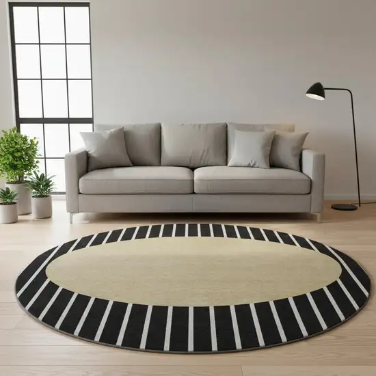 8' Black Ivory And Gold Striped Washable Round Rug With UV Protection Photo 2