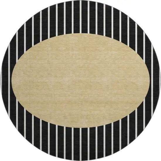 8' Black Ivory And Gold Striped Washable Round Rug With UV Protection Photo 1