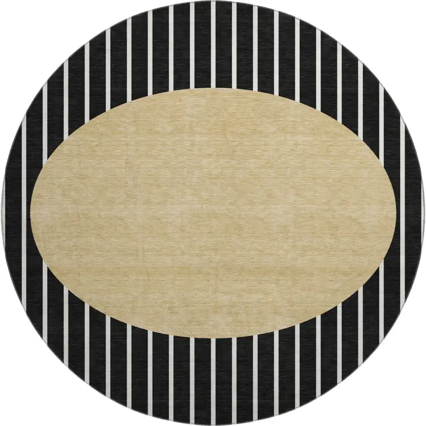 8' Black Ivory And Gold Striped Washable Round Rug With UV Protection Photo 1