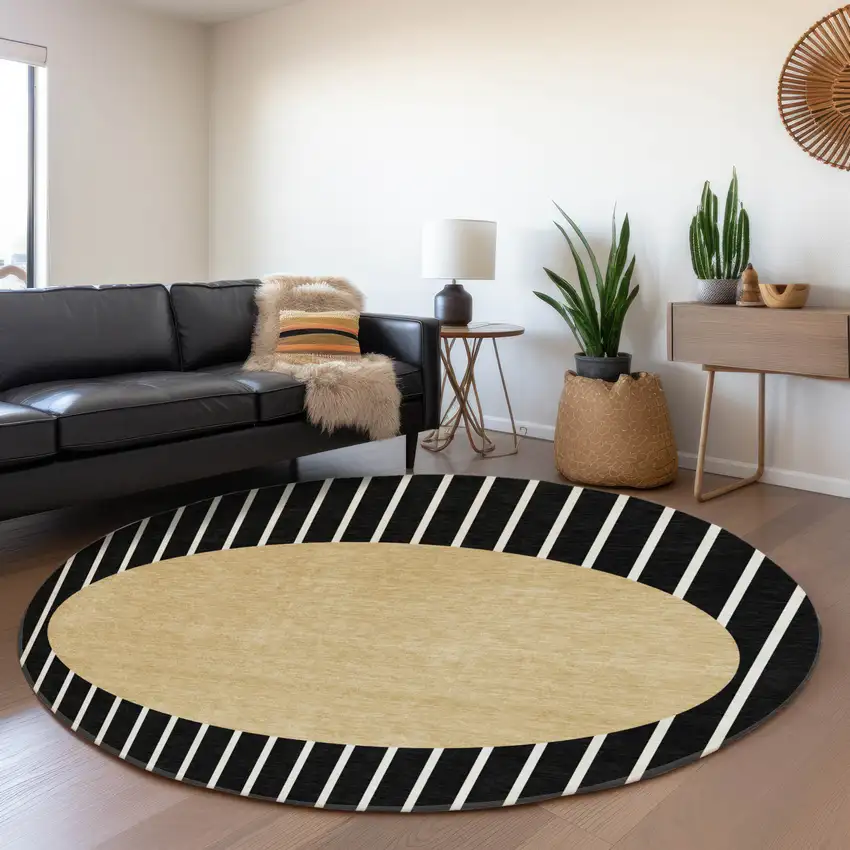 8' Black Ivory And Gold Striped Washable Round Rug With UV Protection Photo 4