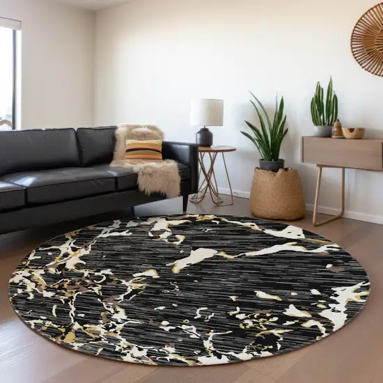 8' Black Ivory And Gold Striped Washable Round Rug With UV Protection Photo 4