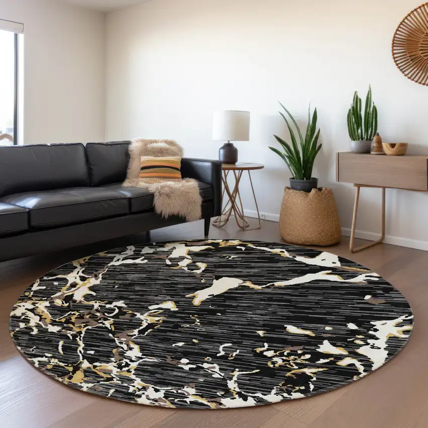 8' Black Ivory And Gold Striped Washable Round Rug With UV Protection Photo 4