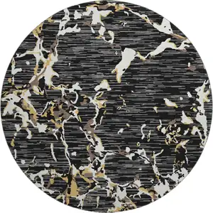 Photo of 8' Black Ivory And Gold Striped Washable Round Rug With UV Protection