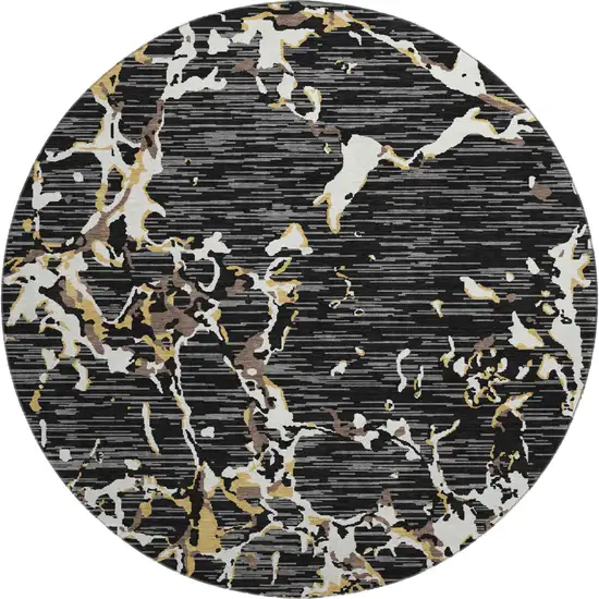 8' Black Ivory And Gold Striped Washable Round Rug With UV Protection Photo 1