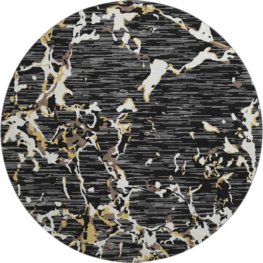 8' Black Ivory And Gold Striped Washable Round Rug With UV Protection Photo 1