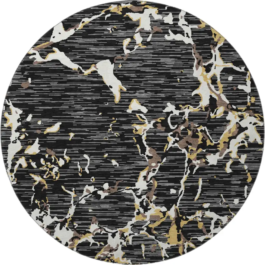 8' Black Ivory And Gold Striped Washable Round Rug With UV Protection Photo 3