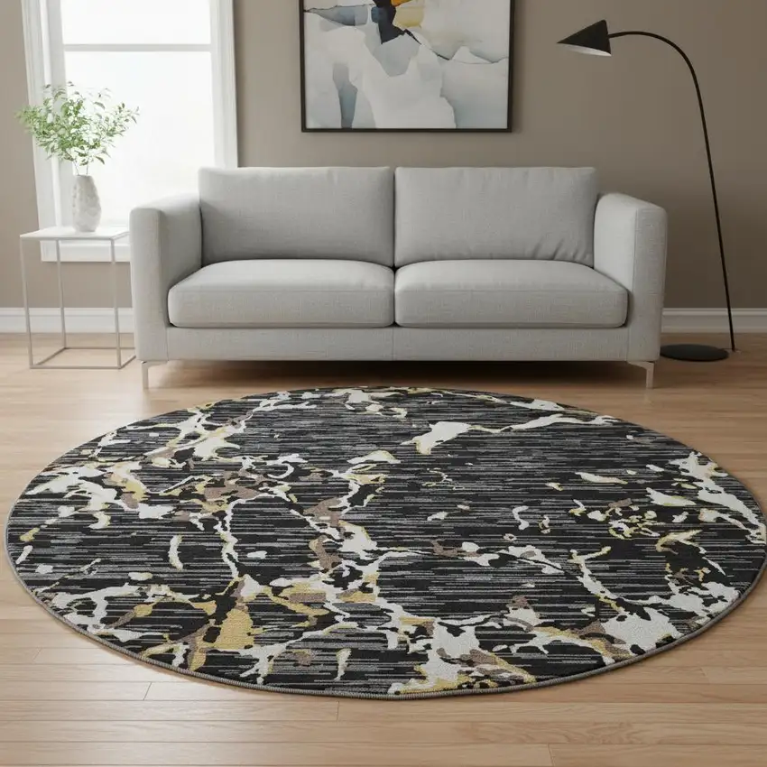 8' Black Ivory And Gold Striped Washable Round Rug With UV Protection Photo 2