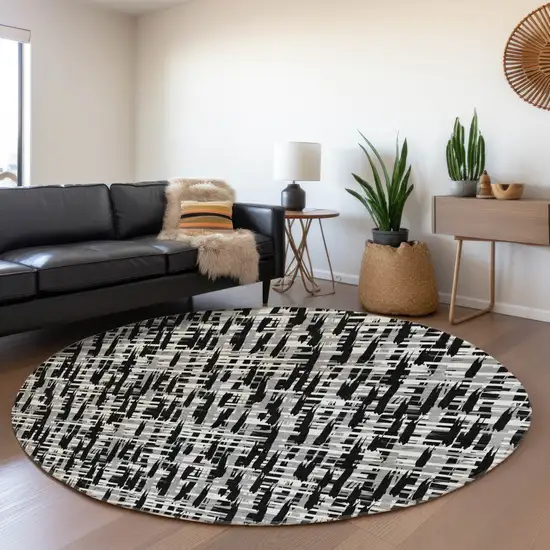 8' Black Ivory And Gray Abstract Geometric Washable Round Rug With UV Protection Photo 3