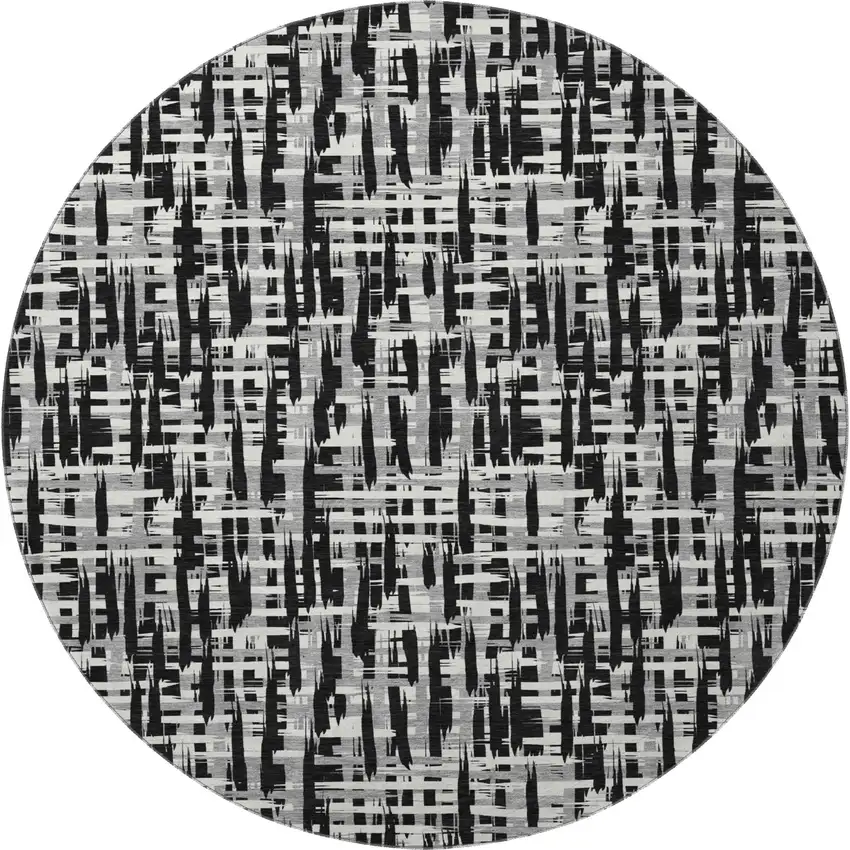 8' Black Ivory And Gray Abstract Geometric Washable Round Rug With UV Protection Photo 3