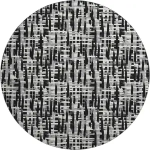 Photo of 8' Black Ivory And Gray Abstract Geometric Washable Round Rug With UV Protection