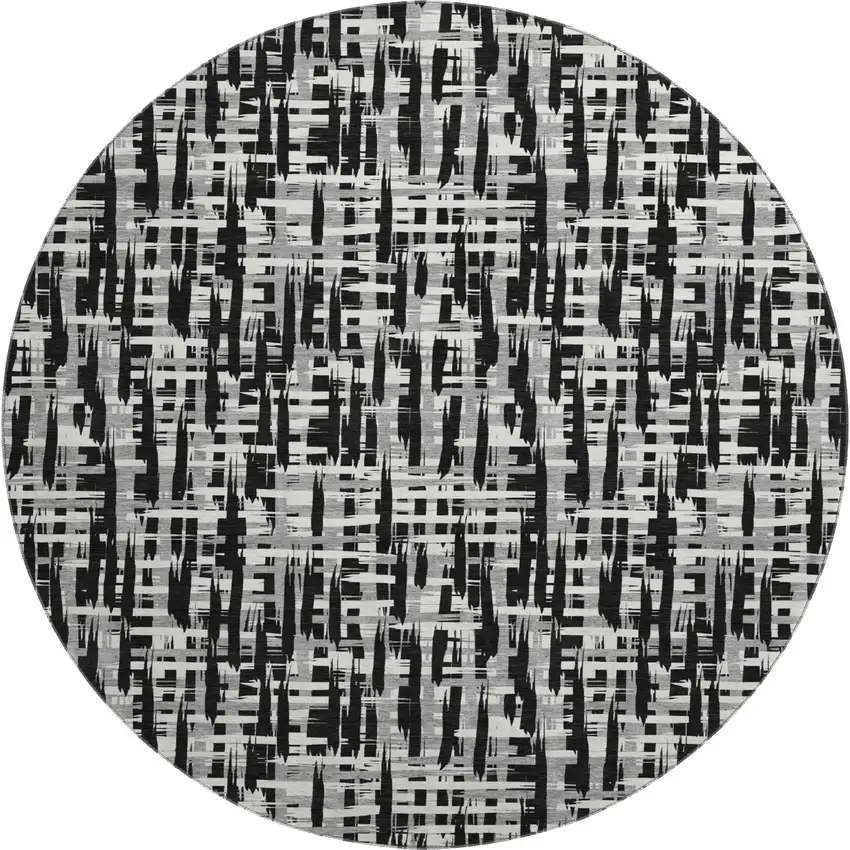 8' Black Ivory And Gray Abstract Geometric Washable Round Rug With UV Protection Photo 1