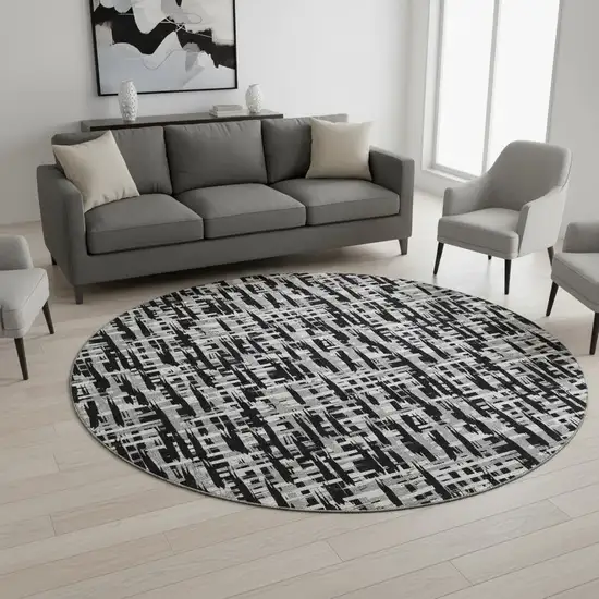 8' Black Ivory And Gray Abstract Geometric Washable Round Rug With UV Protection Photo 2