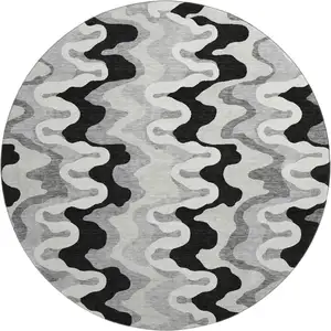Photo of 8' Black Ivory And Gray Abstract Washable Round Rug With UV Protection