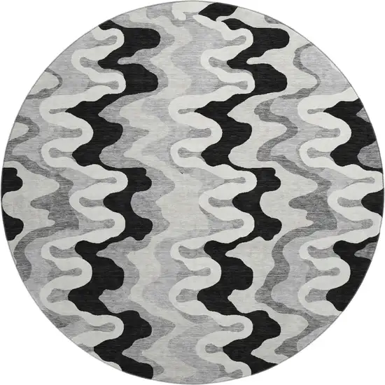 8' Black Ivory And Gray Abstract Washable Round Rug With UV Protection Photo 1