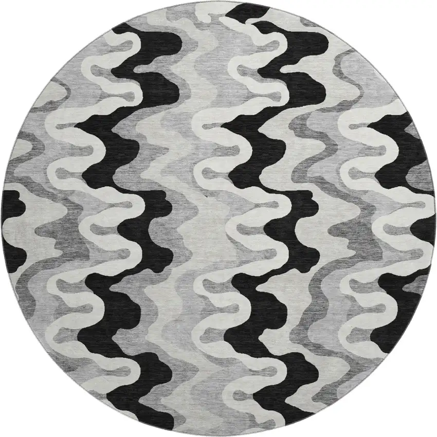8' Black Ivory And Gray Abstract Washable Round Rug With UV Protection Photo 1