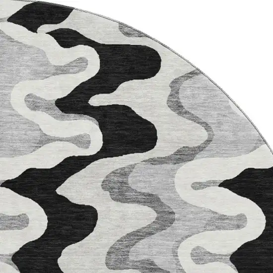 8' Black Ivory And Gray Abstract Washable Round Rug With UV Protection Photo 4