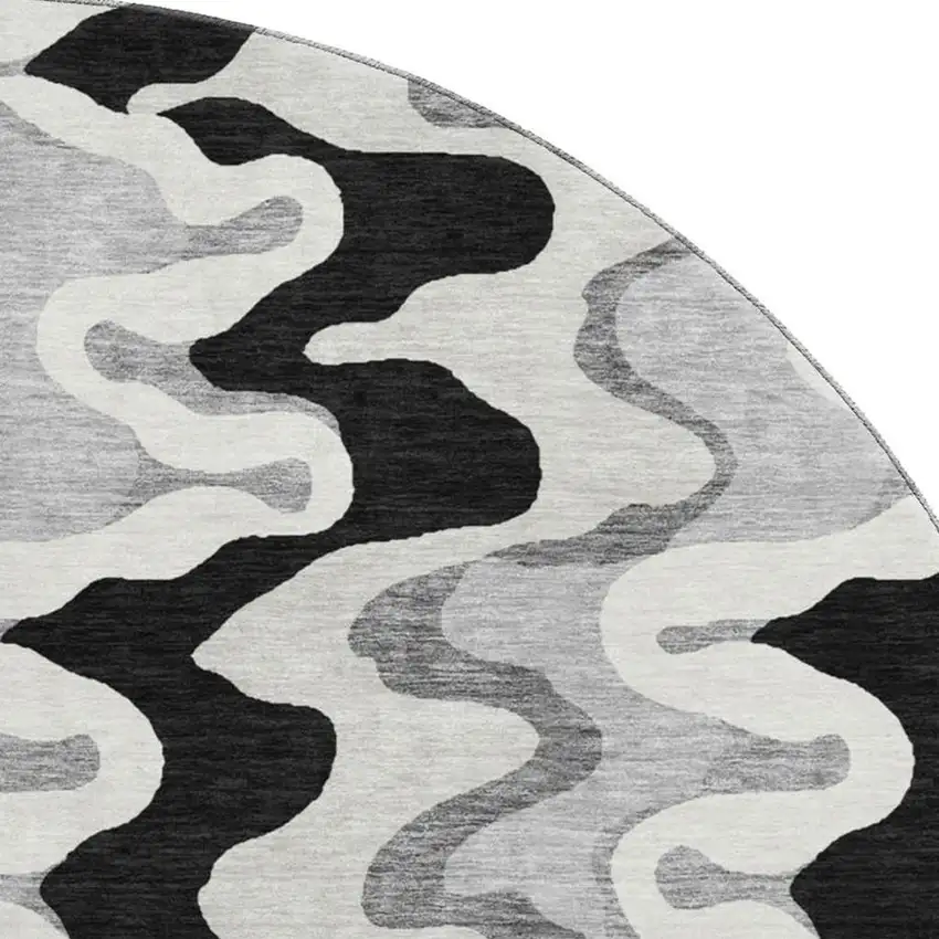 8' Black Ivory And Gray Abstract Washable Round Rug With UV Protection Photo 4