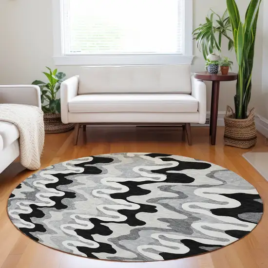 8' Black Ivory And Gray Abstract Washable Round Rug With UV Protection Photo 5