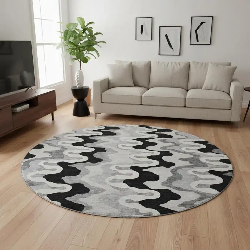 8' Black Ivory And Gray Abstract Washable Round Rug With UV Protection Photo 2