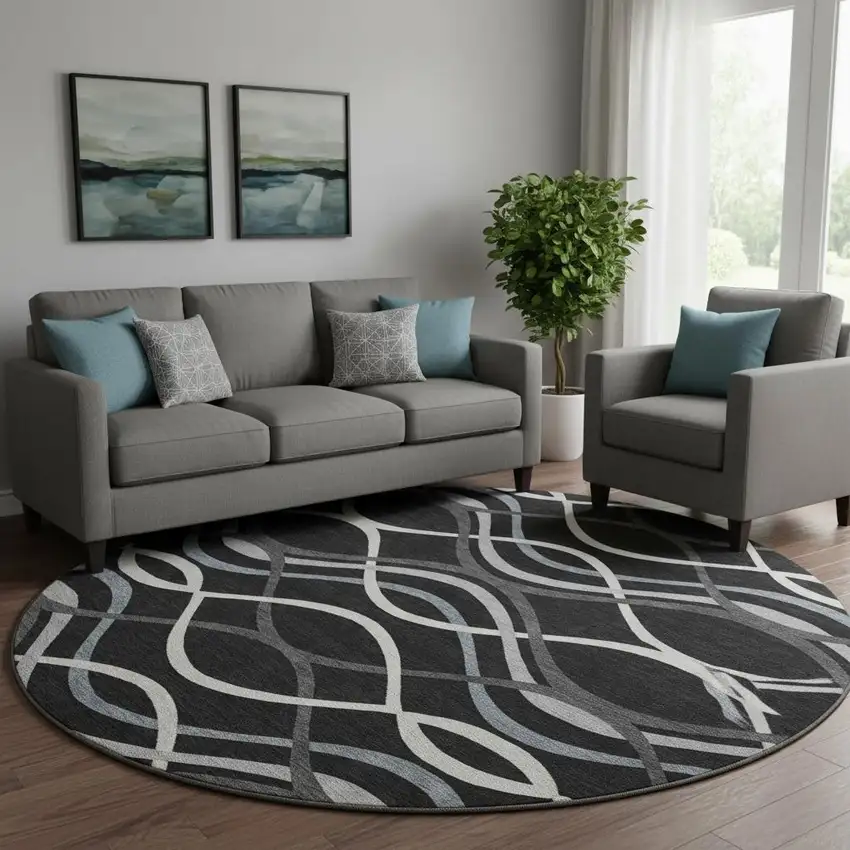 8' Black Ivory And Gray Abstract Washable Round Rug With UV Protection Photo 1