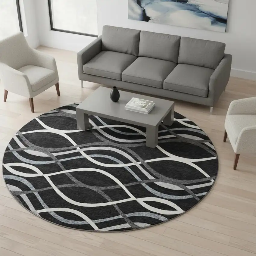 8' Black Ivory And Gray Abstract Washable Round Rug With UV Protection Photo 2