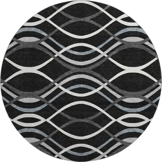 8' Black Ivory And Gray Abstract Washable Round Rug With UV Protection Photo 1