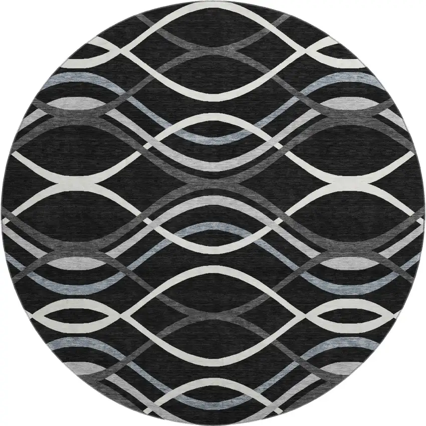 8' Black Ivory And Gray Abstract Washable Round Rug With UV Protection Photo 1