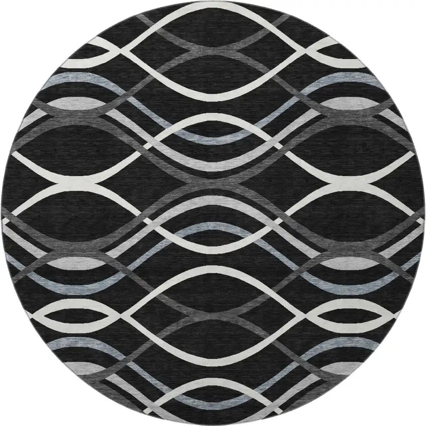 8' Black Ivory And Gray Abstract Washable Round Rug With UV Protection Photo 4