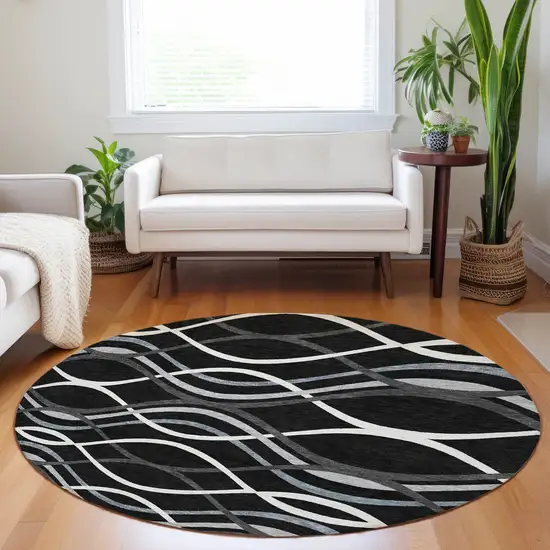 8' Black Ivory And Gray Abstract Washable Round Rug With UV Protection Photo 5