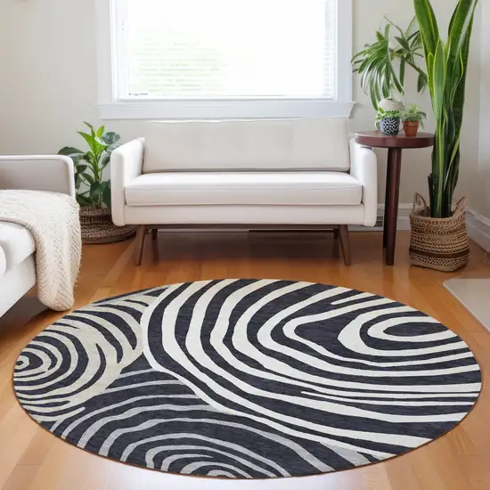 8' Black Ivory And Gray Abstract Washable Round Rug With UV Protection Photo 4