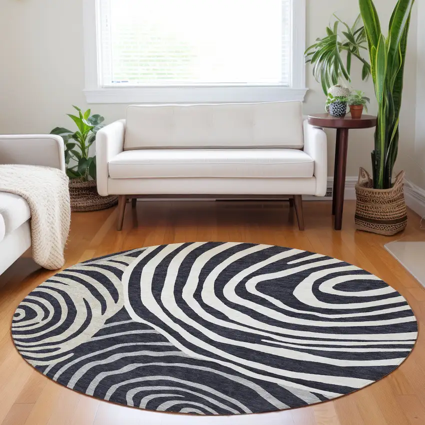 8' Black Ivory And Gray Abstract Washable Round Rug With UV Protection Photo 4