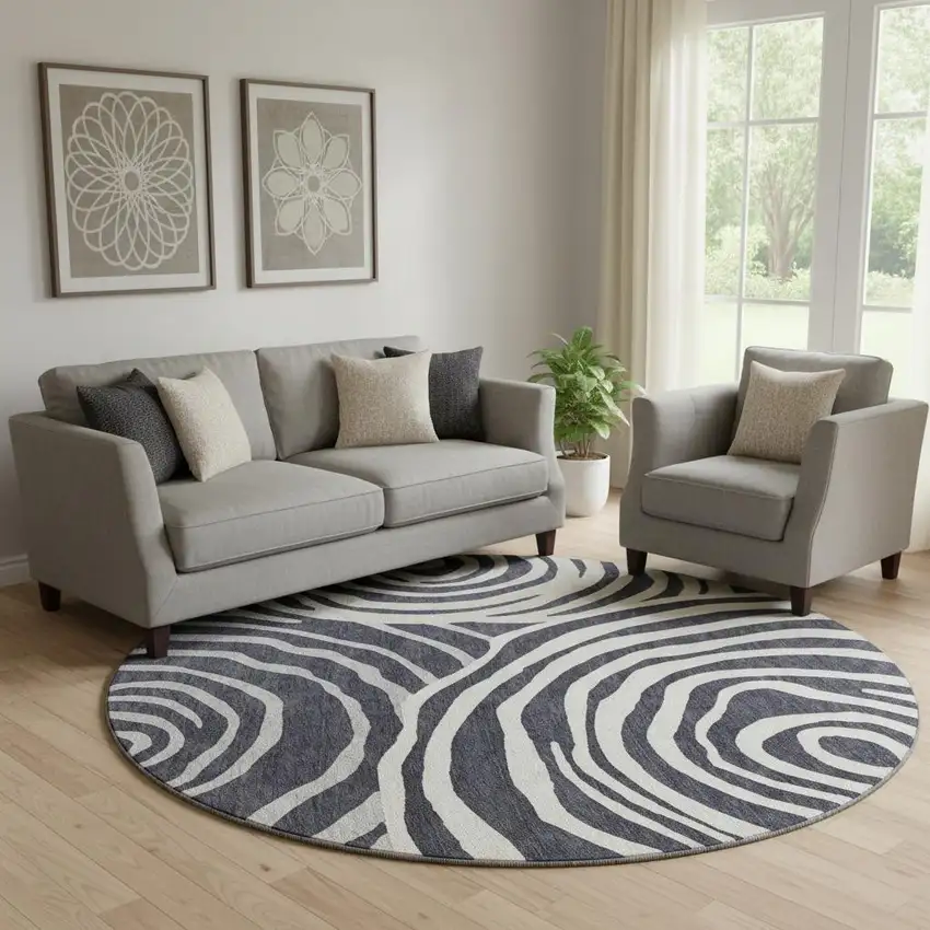 8' Black Ivory And Gray Abstract Washable Round Rug With UV Protection Photo 1