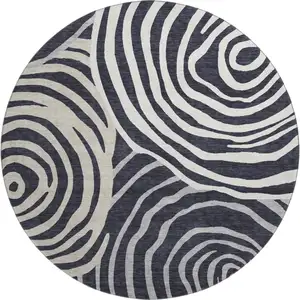 Photo of 8' Black Ivory And Gray Abstract Washable Round Rug With UV Protection