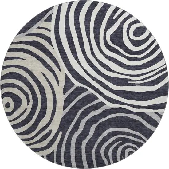 8' Black Ivory And Gray Abstract Washable Round Rug With UV Protection Photo 1