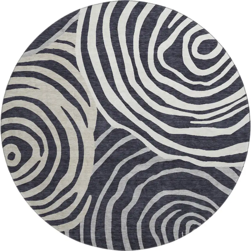 8' Black Ivory And Gray Abstract Washable Round Rug With UV Protection Photo 1