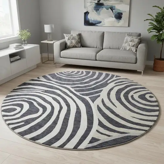 8' Black Ivory And Gray Abstract Washable Round Rug With UV Protection Photo 2