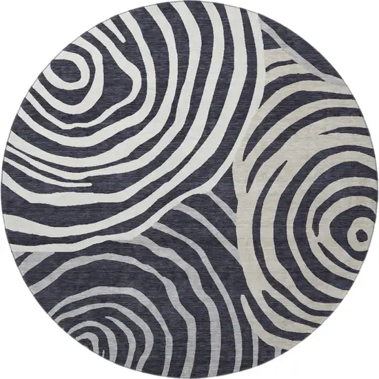 8' Black Ivory And Gray Abstract Washable Round Rug With UV Protection Photo 3