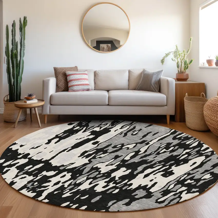 8' Black Ivory And Gray Abstract Washable Round Rug With UV Protection Photo 4
