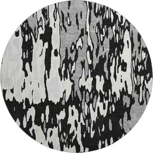 Photo of 8' Black Ivory And Gray Abstract Washable Round Rug With UV Protection